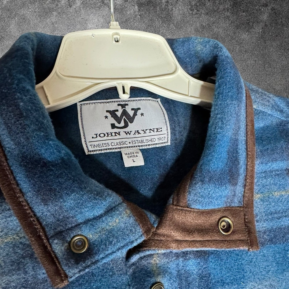 John Wayne Sweater Mens Large Blue Plaid Fleece Mock Neck Western Pullover - Picture 2 of 8